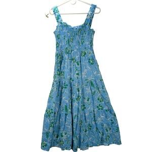 Copper Key Dress Womens Medium Blue Green Floral Sundress Smocked Maxi Tiered
